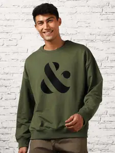 NOBERO Oversized Typography Printed Long Sleeve Fleece Pullover Sweatshirt