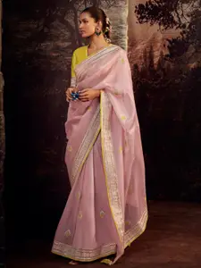 Mitera Pink & Yellow Ethnic Motifs Embroidered Saree