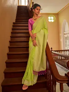 Mitera Lime Green & Gold-Toned Ethnic Motifs Woven Design Zari Banarasi Saree