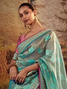 Mitera Blue & Pink Geometric Woven Design Tissue Saree