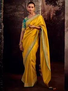 Mitera Yellow & Blue Ethnic Motifs Woven Design Zari Saree