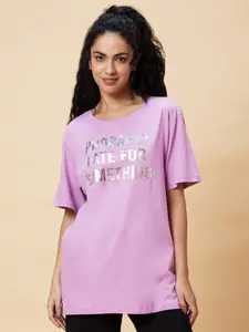 Globus Lavender Typography Printed Pure Cotton Oversized T-shirt