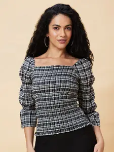 Globus Black Checked Smocked Cotton Fitted Top