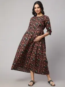 Nayo Floral Printed Gathered Maternity Cotton Maxi Dress