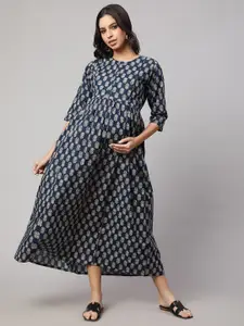 Nayo Ethnic Motifs Printed Gathered Maternity Cotton Maxi Dress
