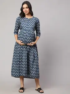 Nayo Ethnic Motifs Printed Gathered Maternity Cotton Fit & Flare Midi Dress