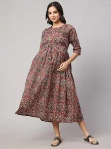 Nayo Floral Printed Gathered Maternity Cotton Fit & Flare Midi Dress