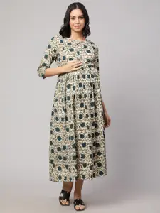 Nayo Floral Printed Round Neck Cotton A-Line Maternity Midi Dress