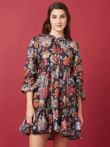 Globus Black Floral Printed Tie-Up Neck Bell Sleeve Gathered Tiered A-Line Dress