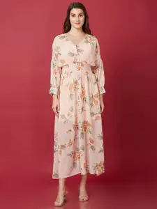 Globus Peach-Coloured Floral Printed V-Neck Smocked A-Line Midi Dress With Inner Slip