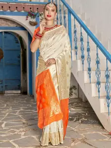 Anouk Cream-Coloured & Orange Ethnic Motifs Woven Design Banarasi Saree
