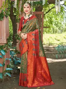 Anouk Green & Red Paisley Woven Design Zari Art Silk Kanjeevaram Saree