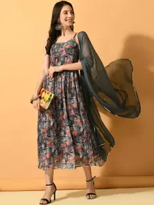 Sangria Floral Printed Fit and Flare Midi Ethnic Dress With Dupatta