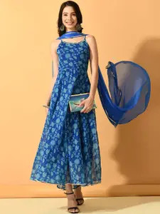 Sangria Floral Printed Fit & Flare Midi Ethnic Dress With Dupatta