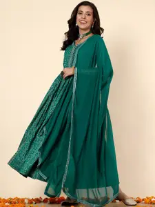 Anouk Teal Blue & Gold-Toned Ethnic Motif Printed Layered A-Line Ethnic Dress With Dupatta