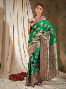 Sangria Green Ethnic Motifs Woven Design Zari Banarasi Saree