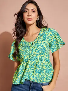 DressBerry Floral Printed V-Neck Gathered or Pleated Cinched Waist Top