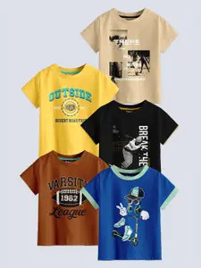 BAESD Boys Pack Of 5 Typography Printed Pure Cotton T-shirt