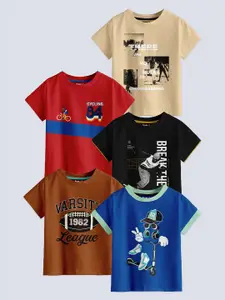 BAESD Boys Pack Of 5 Printed Round Neck Cotton T-shirt