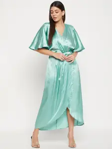 Color Cocktail Flared Sleeves Satin Maxi Dress