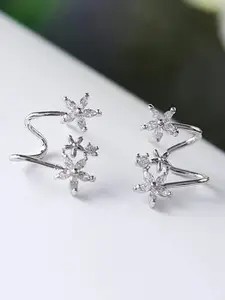 Jewels Galaxy Silver Plated American Diamond Studded Floral Ear Cuffs