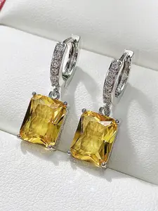 Jewels Galaxy Silver Plated American Diamond Studded Geometric Drop Earrings