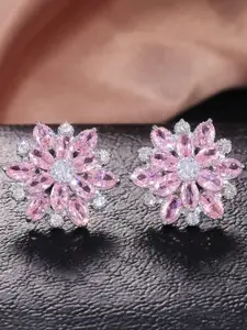 Jewels Galaxy Silver-Plated American Diamond Studded Floral Studs Earrings