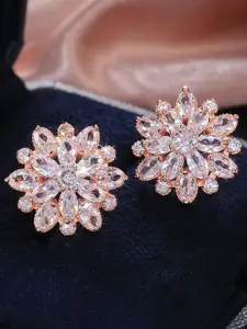 Jewels Galaxy Rose Gold-Plated American Diamond Studded Floral Stud Earrings