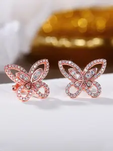 Jewels Galaxy Rose Gold-Plated Butterfly Shaped Cubic Zirconia Studs Earrings