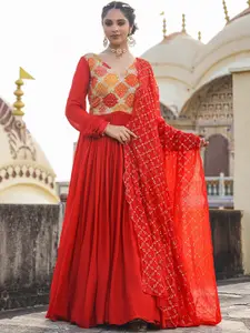 SCAKHI Bandhani Printed V-Neck Zari Ethnic Dress With Embellished Dupatta