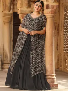 SCAKHI Ethnic Motifs V-Neck Gathered Gown With Attached Embellished Cape