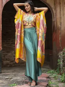 SCAKHI Ethnic Motifs Printed Top With Palazzos & Cape