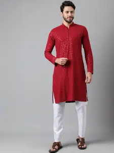 SHADOW & SAINING Ethnic Motifs Embroidered Sequinned Cotton Silk Straight Kurta