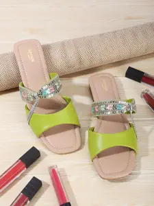 Anouk Green & Silver-Toned Embroidered Open Toe Flats