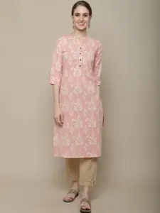 Vastramyaa Floral Printed Mandarin Collar Roll-Up Sleeves Cotton Straight Kurta
