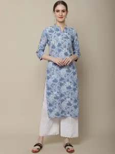Vastramyaa Floral Printed Mandarin Collar Roll-Up Sleeves Cotton Kurta