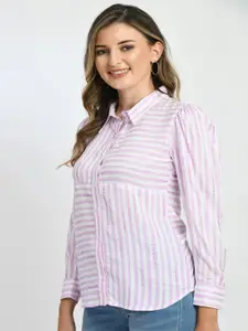 DressBerry Pink Striped Spread Collar Casual Shirt