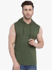 GRITSTONES Men Olive Green Solid Hood T-shirt
