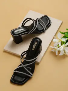 VALIOSAA Embellished Open Toe Block Heels