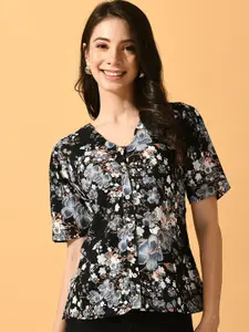 DressBerry Black Floral Printed V-Neck Shirt Style Top