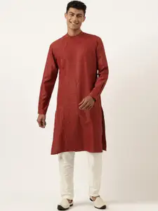 TheEthnic.Co Woven Design Band Collar Angrakha Pure Cotton Kurta with Pyjamas