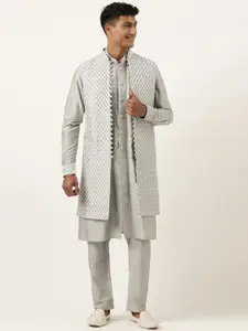 TheEthnic.Co Men Art Silk Regular Kurta with Pyjamas & Embroidered Long Jacket