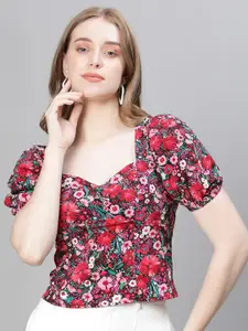 Oxolloxo Floral Printed Sweetheart Neck Puff Sleeve Smocked Top