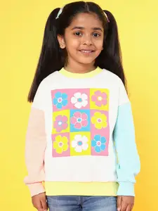 Nauti Nati Girls Floral Printed Round Neck Antimicrobial Fleece Pullover Sweatshirt