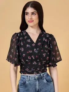 People Floral Printed Flared Sleeve Wrap Cinched Waist Top