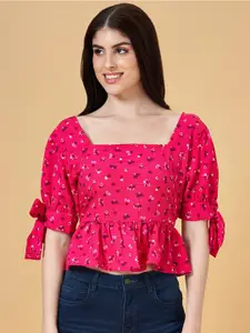 People Pink Floral Printed Square Neck Puff Sleeves Gathered Detailed Peplum Crop Top