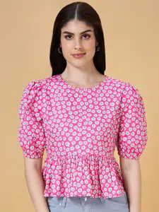People Pink Floral Printed Puff Sleeves Gathered Detailed Pure Cotton Peplum Crop Top