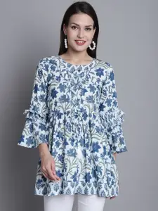 Roly Poly Floral Print Bell Sleeve Cotton A-Line Top