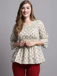 Roly Poly Floral Printed Bell Sleeve Pure Cotton Peplum Top