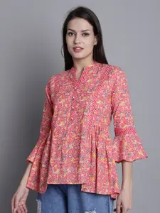Roly Poly Floral Printed Mandarin Collar Pure Cotton Top